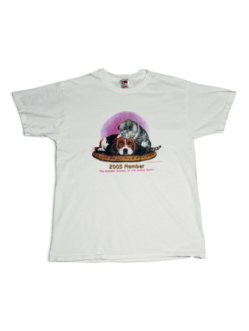 Vintage 2005 Humane Society White Cotton T-Shirt with Dog and Cat Graphic